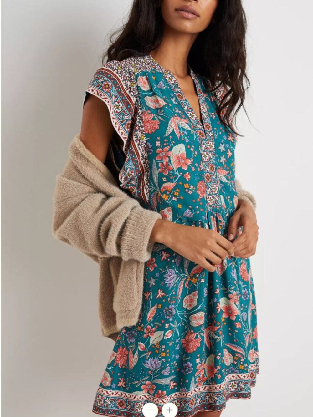 Anthropologie Zenia Floral Mini Dress Teal Flutter Sleeve Boho M